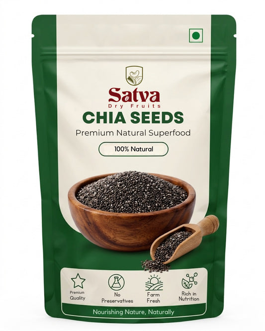 Satva Chia Seeds packaging with a bowl of chia seeds and a wooden scoop on a white background.