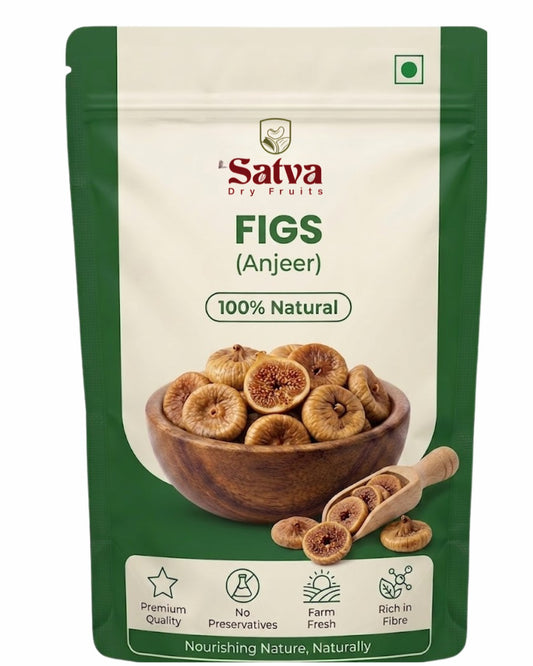 Satva dry fruits packaging of figs with a bowl and scoop illustration on a white background