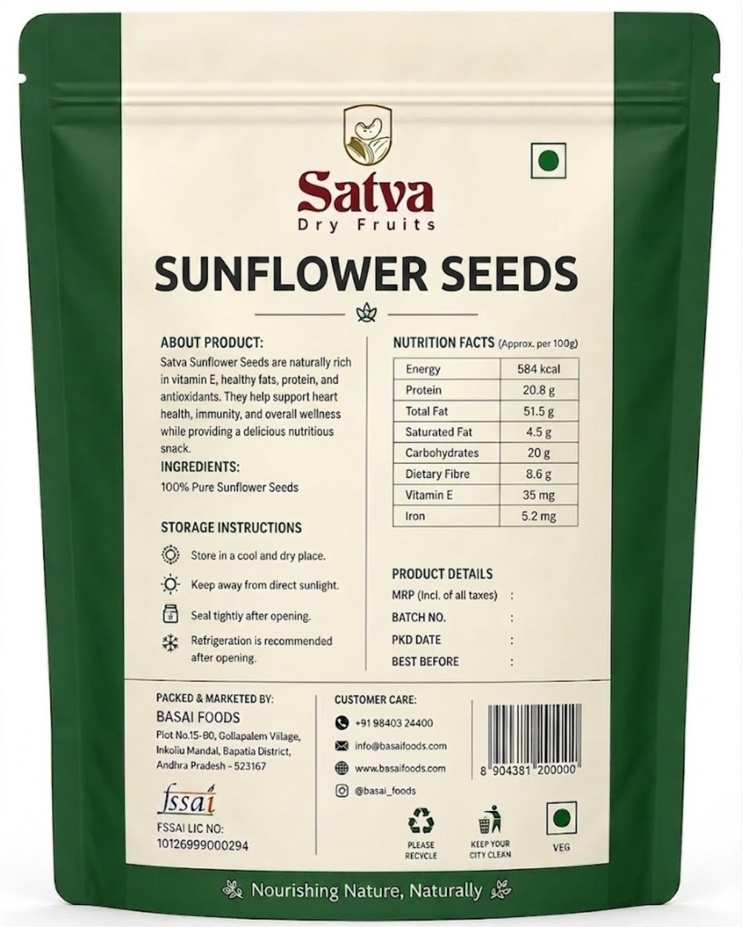 Packaging of Satva Sunflower Seeds with nutritional information and branding details.